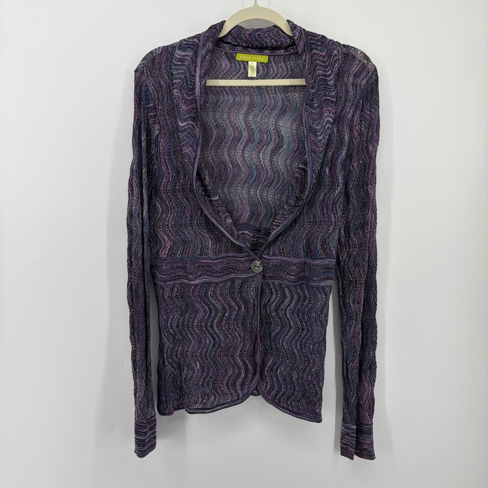 Sigrid‎ Olsen Womens M Purple Cardigan Sweater Zig Zag Chevron Open Knit Button
